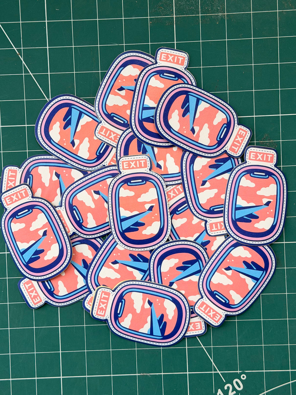 Exit peel-and-stick patch applied on backpack strap