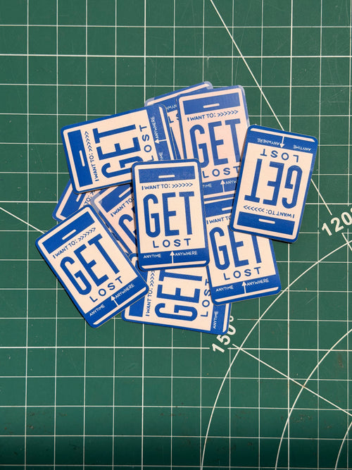 Get Lost peel-and-stick patch applied on hiking backpack